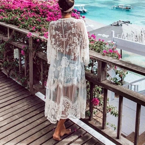 New Boho Embroidered Lace Kimono Duster jacket Cover Up Vintage Look White